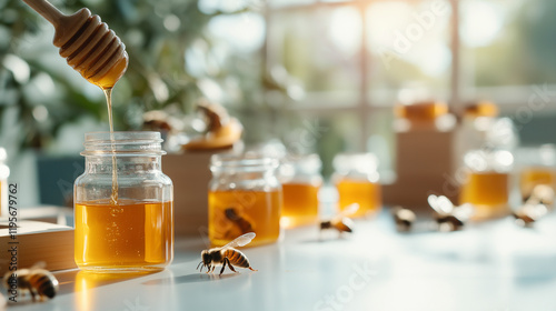 A beekeeper demonstrating the honey extraction process in a workshop, with freshly harvested honey being poured into jars photo