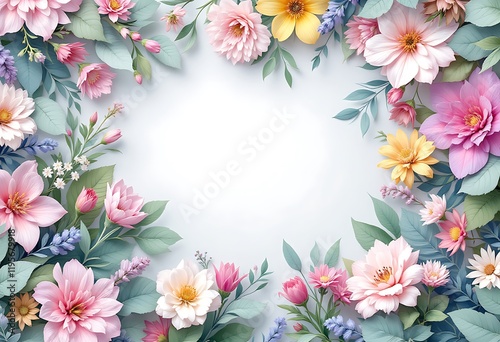 Flowery border with pink, yellow, and blue flowers. Flowers. Pattern. Art. Clipart. Background