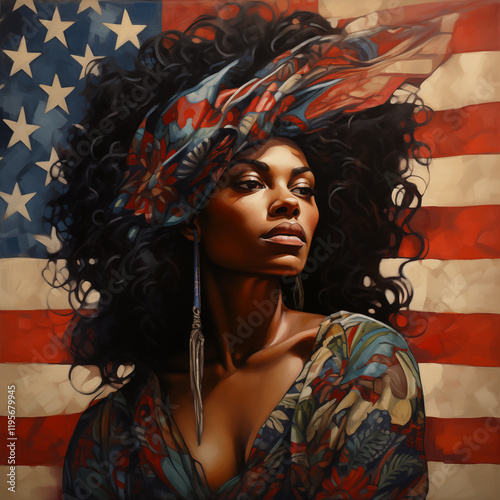 Confident Black Woman Posed Against a Flowing American Flag,