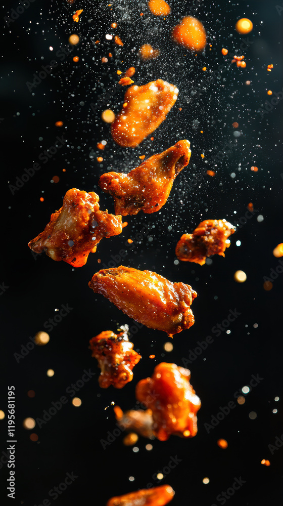Delicious Buffalo Chicken Wings Cascading in the Air With a Backdrop of Deep Darkness and Spice Delicious Buffalo Chicken Wings Cascading in the Air With a Backdrop of Deep Darkness and Spice