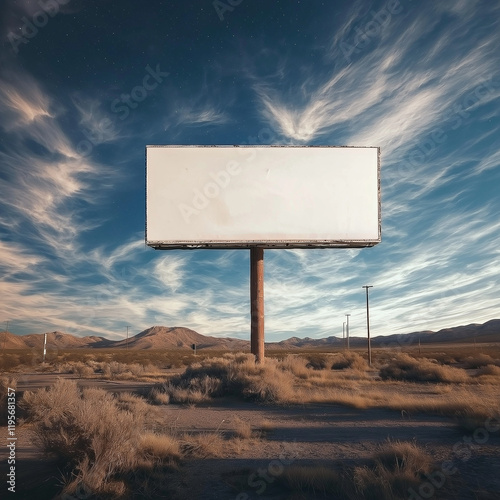 Blank White Billboard in Desert with Surreal Galaxy Sky