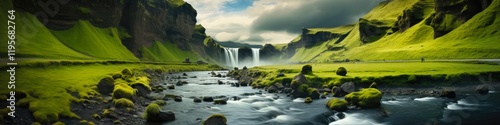 Beautiful Skogafoss Waterfall in Iceland. A Picture-perfect Landscape of Green Grass, Cascading Waterfalls and a Flowing Torrent