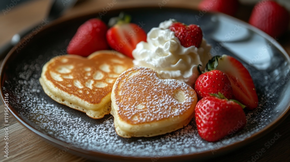 Heart-shaped pancakes with strawberries and whipped cream, served on a black plate. Perfect for Valentine's Day breakfast and food photography. Heart-shaped pancakes with strawberries and whipped cream, served on a black plate. Perfect for Valentine's Day breakfast and food photography.