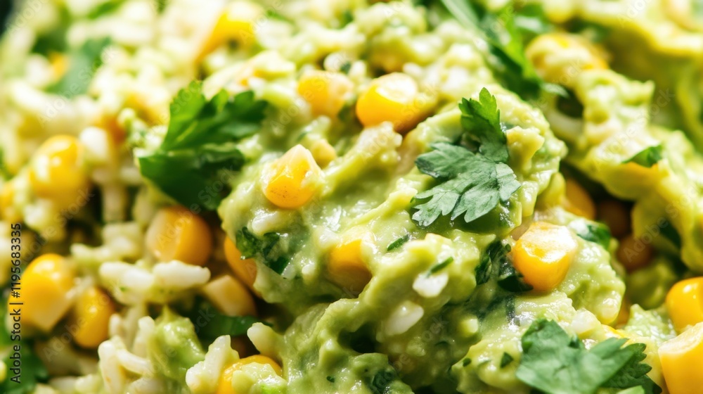 Close-up of rice with creamy avocado and corn salad. Featuring smooth avocado dressing with sweet corn and fresh herbs. Emphasizing a light, flavorful summer salad. Close-up of rice with creamy avocado and corn salad. Featuring smooth avocado dressing with sweet corn and fresh herbs. Emphasizing a light, flavorful summer salad.