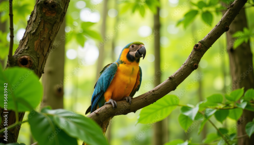 Colorful macaw perched on branch in lush green forest Colorful macaw perched on branch in lush green forest