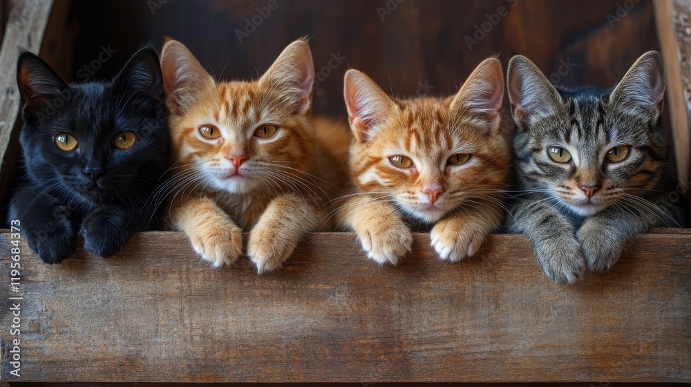 Adorable Group of Four Kittens in a Rustic Setting Looking Curious with Playful Expressions and Soft Fur Colors, Perfect for Animal Lovers and Cat Enthusiasts Adorable Group of Four Kittens in a Rustic Setting Looking Curious with Playful Expressions and Soft Fur Colors, Perfect for Animal Lovers and Cat Enthusiasts