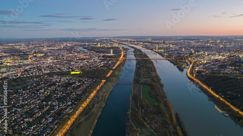 Evening aerial hyper lapse Vienna city, Austria