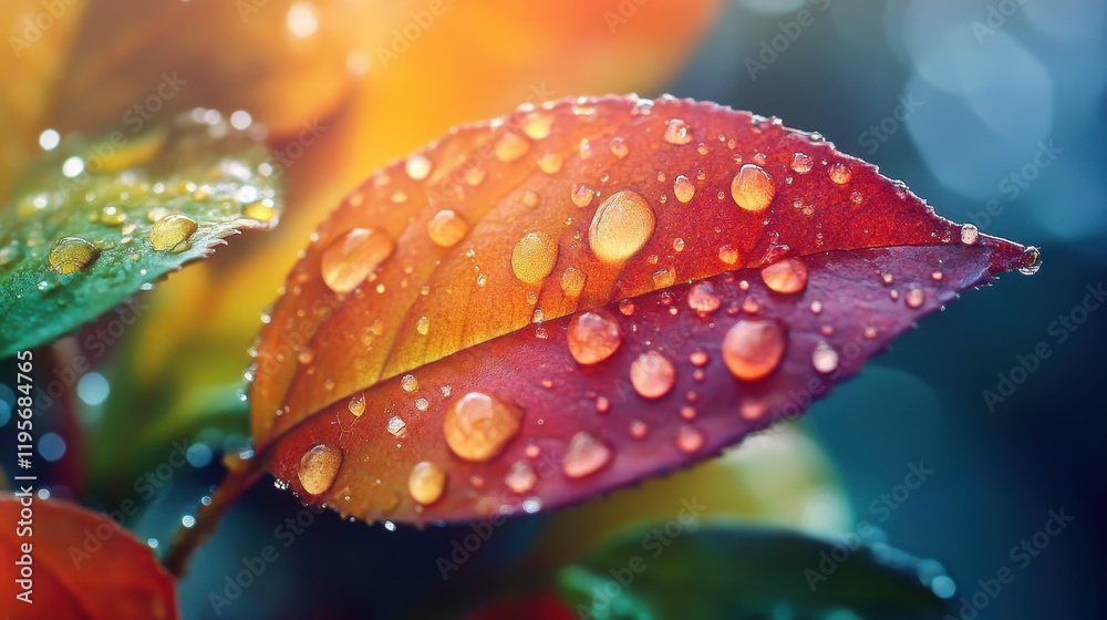Vibrant raindrops on colorful leaves in sunlight Vibrant raindrops on colorful leaves in sunlight