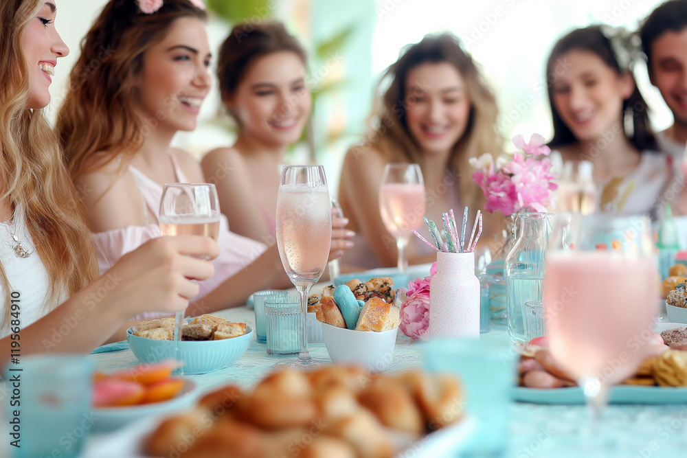 Friends and family at a baby shower gathering around a table filled with snacks, drinks, and pastel-colored party decor. Friends and family at a baby shower gathering around a table filled with snacks, drinks, and pastel-colored party decor.