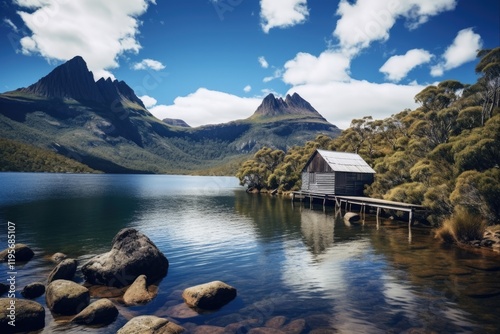 Cradle Mountain Landscape - Stunning Natural Beauty of Tasmania's Central Highlands Region. Panoramic View of Blue Sky, Lake and Mountain Scenery photo