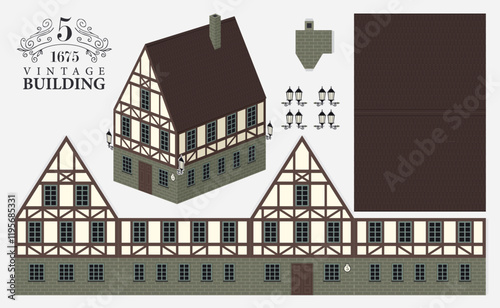 Old building mockup  in classic German style with tiled roof. Vector model kits for paper. Cute vintage christmas toy house