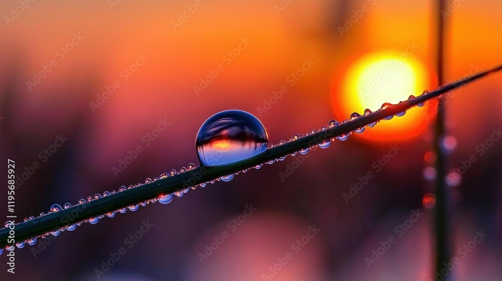 Sunrise dewdrop reflecting sunrise on grass blade Sunrise dewdrop reflecting sunrise on grass blade