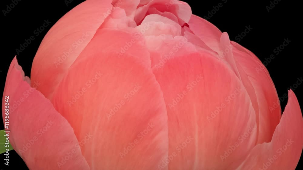 Macro time lapse blooming and wilting pink peony flower, isolated on pure black background