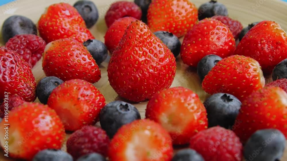 Fresh ripe strawberries blueberries and raspberries in a plate rotating in a circle. Medium shot. Fresh ripe strawberries blueberries and raspberries in a plate rotating in a circle. Medium shot.