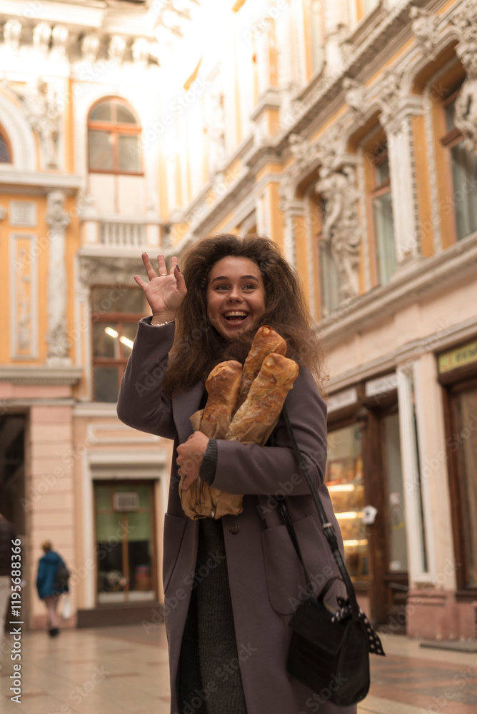 Fototapeta premium A beautiful girl in a coat walks around the city, holding a loaf of bread in her hands