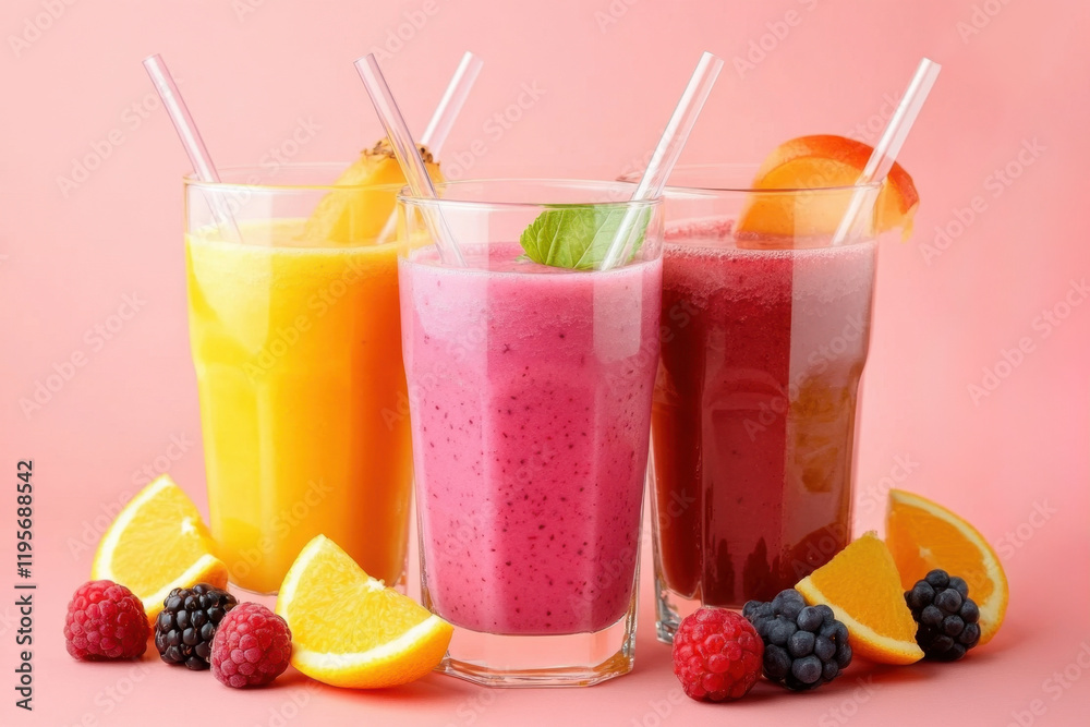 Three glasses of smoothie with raspberries, mint, blackberries, mango and orange for a healthy diet. In glass glasses and with straws. On a pink background Three glasses of smoothie with raspberries, mint, blackberries, mango and orange for a healthy diet. In glass glasses and with straws. On a pink background