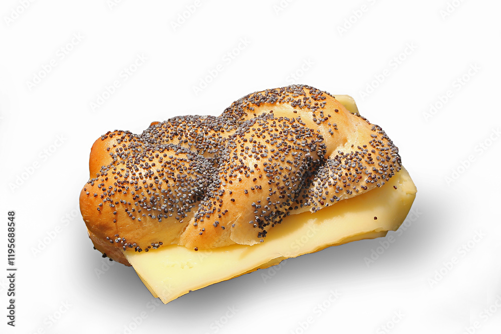 braided poppy seed roll topped with cheese, white background braided poppy seed roll topped with cheese, white background