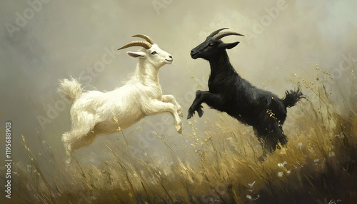A pair of playful goats frolicking in the grass