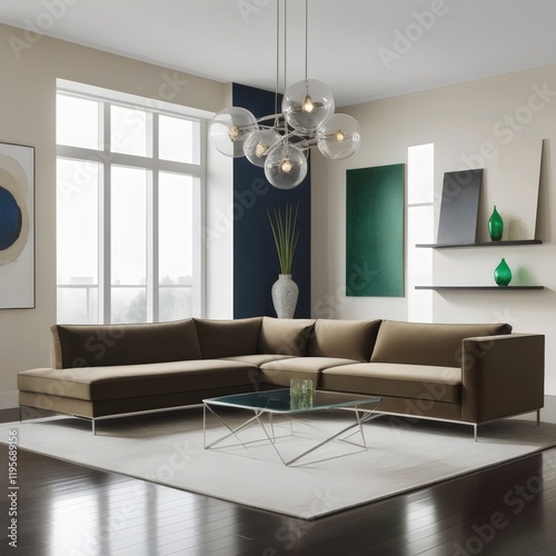 Sleek modern living room with L-shaped sofa, glass coffee table, abstract art, and natural light from large window