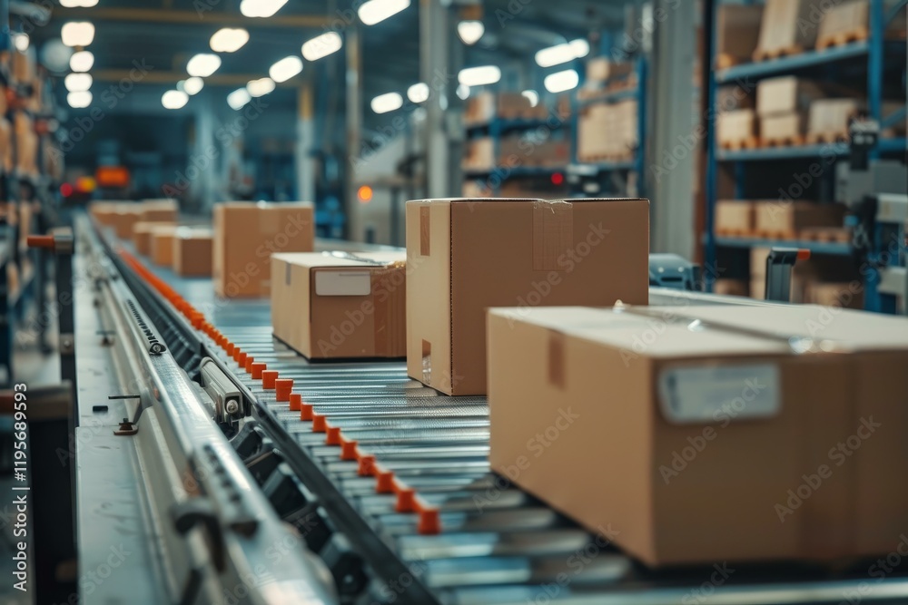 Cardboard boxes moving on a conveyor belt in a distribution warehouse Cardboard boxes moving on a conveyor belt in a distribution warehouse