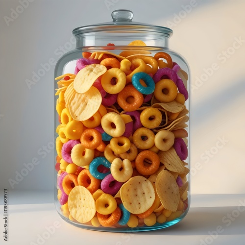 Colorful Snacks in Large Glass Jar: Assorted Bright Round Ring-Shaped Snacks and Chips in Various Colors