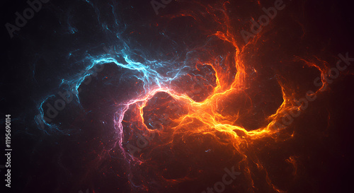 Fiery Abstract Energy Collision: Blue and Orange Plasma Clash