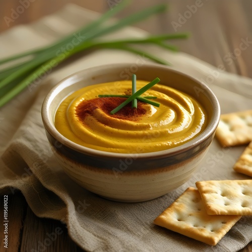 Creamy and Flavorful Soup Bowl: Gourmet Soup Garnished with Chives and Paprika, Served with Crackers