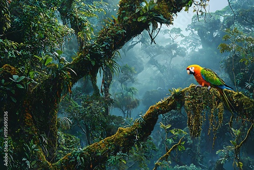 A dense jungle scene with a brightly colored parrot perched on a moss-covered tree