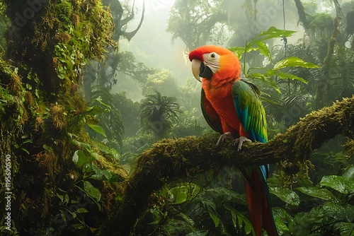 A dense jungle scene with a brightly colored parrot perched on a moss-covered tree