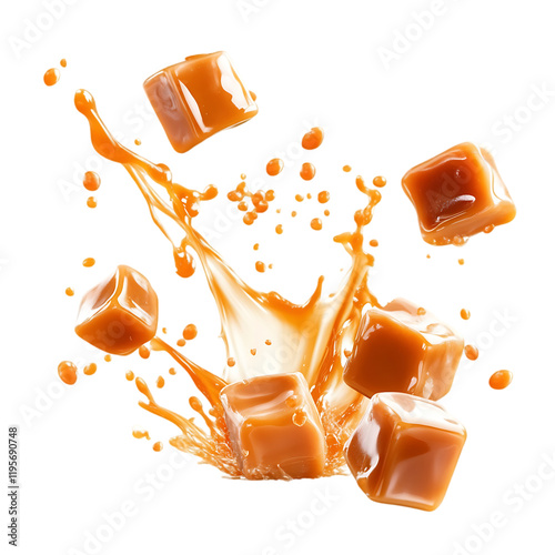 Delicious Caramel Candy Cubes Splashing Sweet Treat Background food gold milk rich brown image sugar