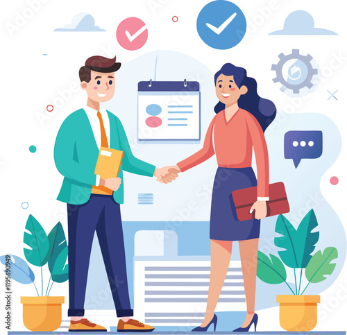 People shaking hands at work - Two businesspeople, man and woman doing handshake in office at work while smiling over business agreement and deal. Flat design stock illustration on white background