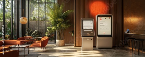 Modern hotel lobby with self-service kiosks and comfortable seating area
