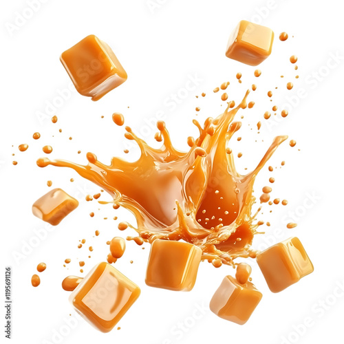 Sweet Caramel Candy Cubes Splashing Delicious Golden Brown Treat food milk rich dark sugar black    