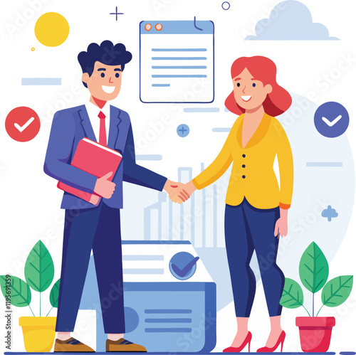 People shaking hands at work - Two businesspeople, man and woman doing handshake in office at work while smiling over business agreement and deal. Flat design stock illustration on white background