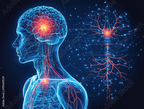 Detailed diagram of the human nervous system illustrating pain receptors and nerve endings