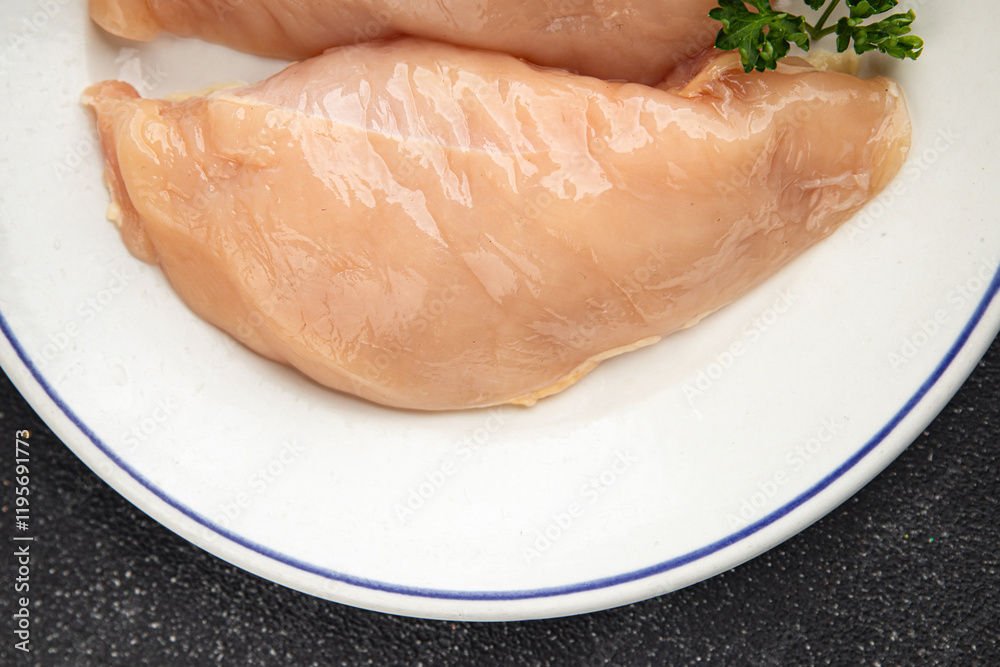 Raw chicken breast meat of the bird fresh tasty food dish gourmet food background on the table rustic food top view copy space keto and paleo diet Raw chicken breast meat of the bird fresh tasty food dish gourmet food background on the table rustic food top view copy space keto and paleo diet