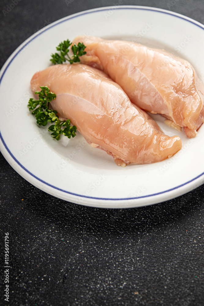 Raw chicken breast meat of the bird fresh tasty food dish gourmet food background on the table rustic food top view copy space keto and paleo diet Raw chicken breast meat of the bird fresh tasty food dish gourmet food background on the table rustic food top view copy space keto and paleo diet