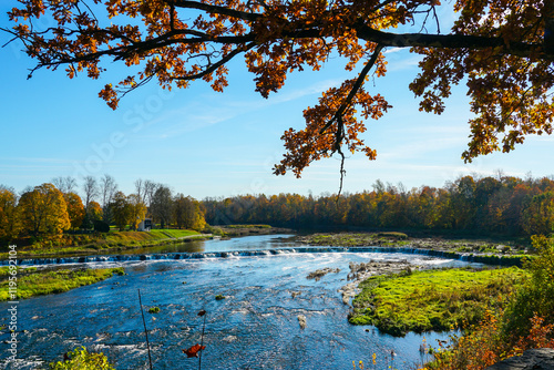 Fototapeta Naklejka Na Ścianę i Meble -  Colorful, picturesque autumn view of the largest European waterfall on the Venta River in Latvia