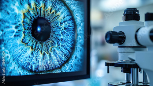 High-tech ophthalmology lab showcasing a slit lamp microscope and detailed eye image