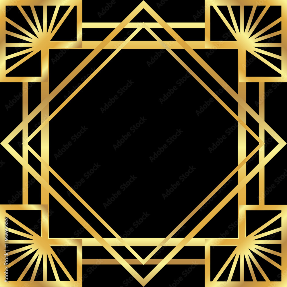 Gold linear decorative frame on black. Art Deco striped border for luxury poster, cards, social media, certificates Gold linear decorative frame on black. Art Deco striped border for luxury poster, cards, social media, certificates