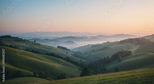 Serene Sunrise Over Rolling Green Hills and Misty Mountains