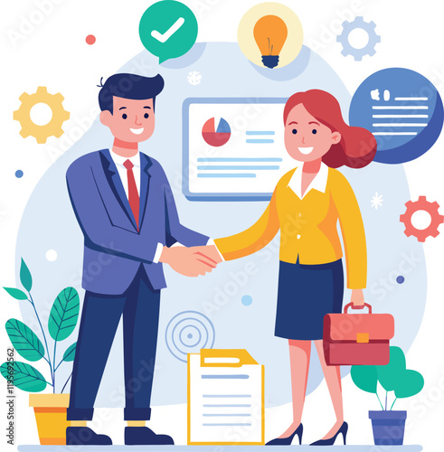 People shaking hands at work - Two businesspeople, man and woman doing handshake in office at work while smiling over business agreement and deal. Flat design stock illustration on white background