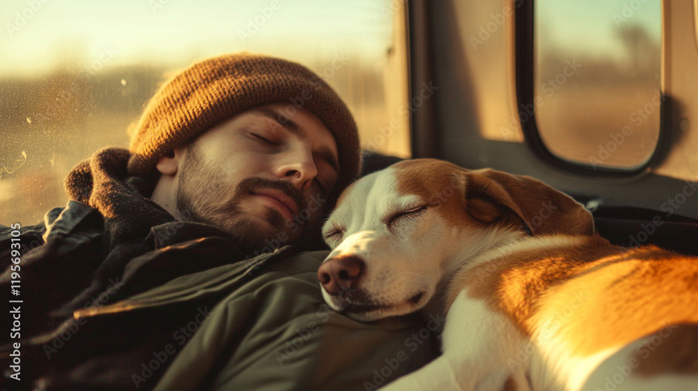 A dog and its owner comfortably relaxing during a road trip, emphasizing ease of transportation. A dog and its owner comfortably relaxing during a road trip, emphasizing ease of transportation.