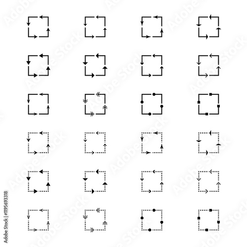 Vector Set of Square Arrow Patterns Vector Illustration. This vector illustration contains a collection of square-shaped patterns with arrow designs. 