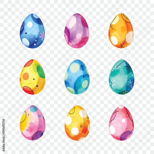 Set of watercolor vector colorful easter eggs isolated on transparent background. Easter and spring holidays