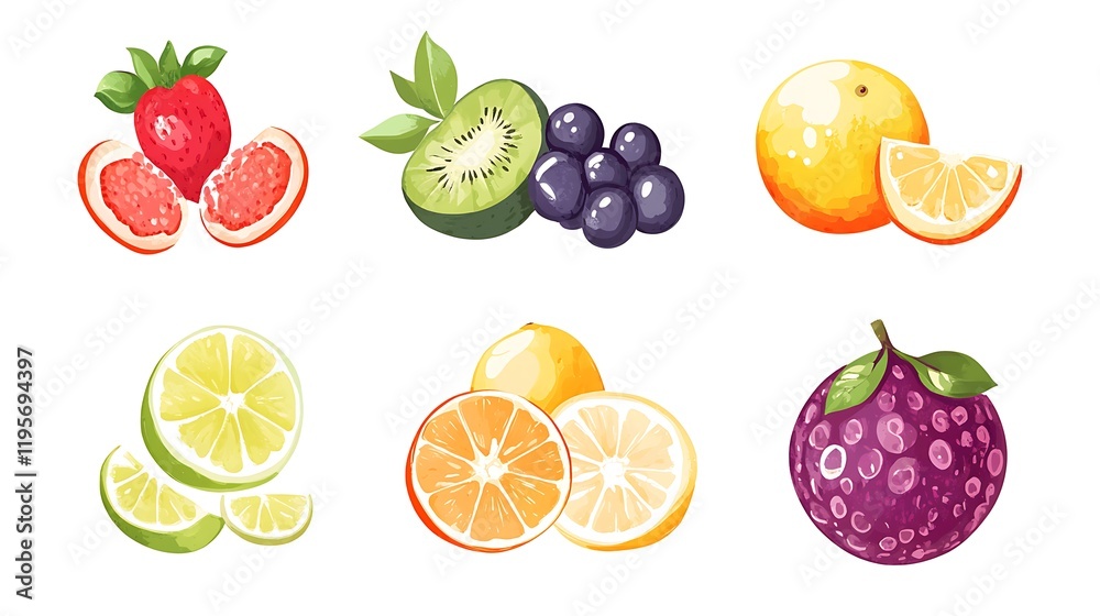 A collection of different fruits beautifully arranged on a white background, highlighting their natural colors A collection of different fruits beautifully arranged on a white background, highlighting their natural colors