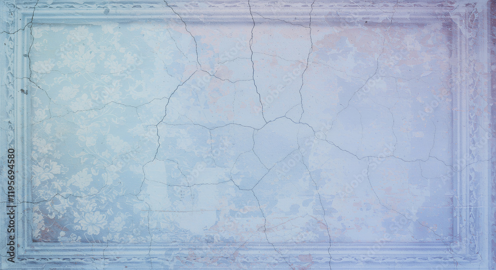 Obraz premium Cracked Plaster Wall with Ornate Frame, Vintage Blue Texture Background