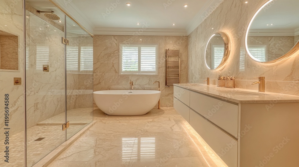 Luxurious Spa-Like Bathroom with Marble Tiles and Gold Fixtures Luxurious Spa-Like Bathroom with Marble Tiles and Gold Fixtures