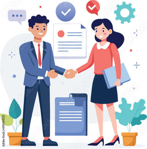 People shaking hands at work - Two businesspeople, man and woman doing handshake in office at work while smiling over business agreement and deal. Flat design stock illustration on white background
