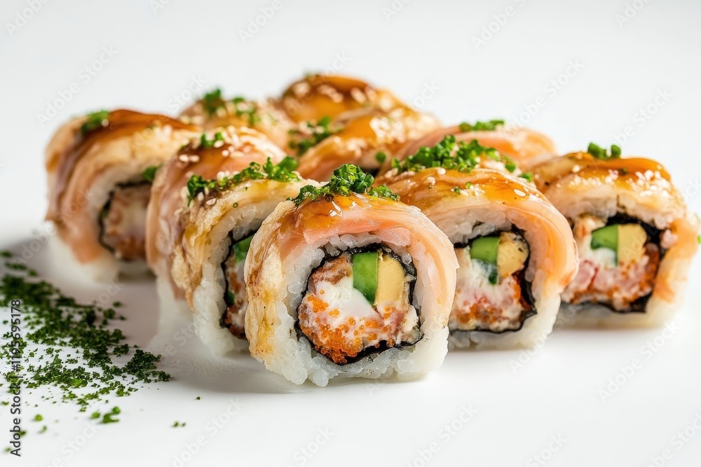 Salmon Sushi Rolls with Sesame Seeds and Sauce Salmon Sushi Rolls with Sesame Seeds and Sauce